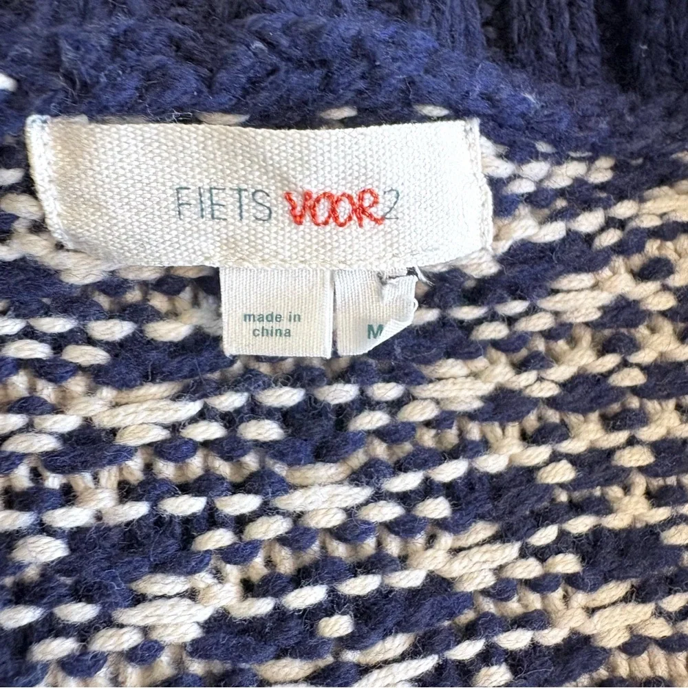 Fiets Voor2 Wool Blend Hooded Tassel Cardigan Sweater in Navy Beige Medium